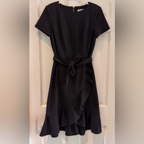 Calvin Klein Boat Neck Ruffle Hem Faux Wrap Dress – Black – Size 4 – Like New - Picture 12 of 16
